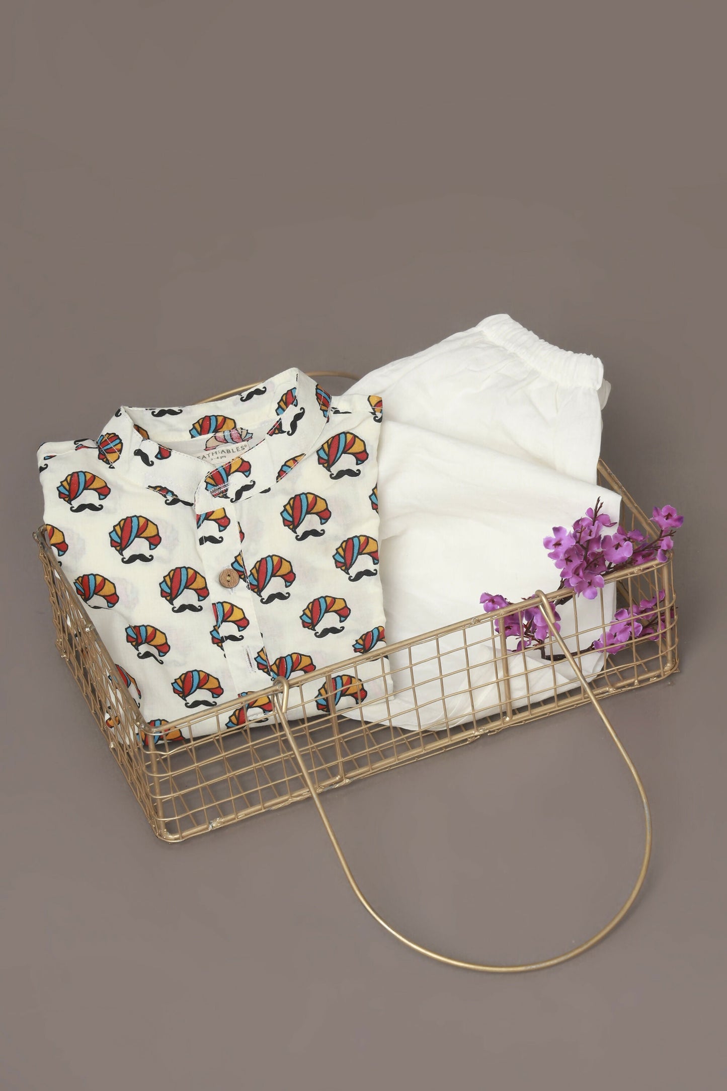 Breathables Kids Cotton Night Suit  White Turban Print Kurta & Pyjama Co-Ord Set For Boys & Girls