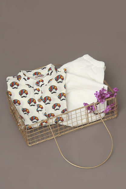 Breathables Kids Cotton Night Suit  White Turban Print Kurta & Pyjama Co-Ord Set For Boys & Girls