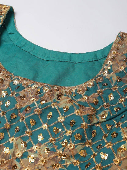 Tulsi Art Teal & Peach-Coloured Embellished Sequinned Semi-Stitched Myntra Lehenga & Unstitched Blouse