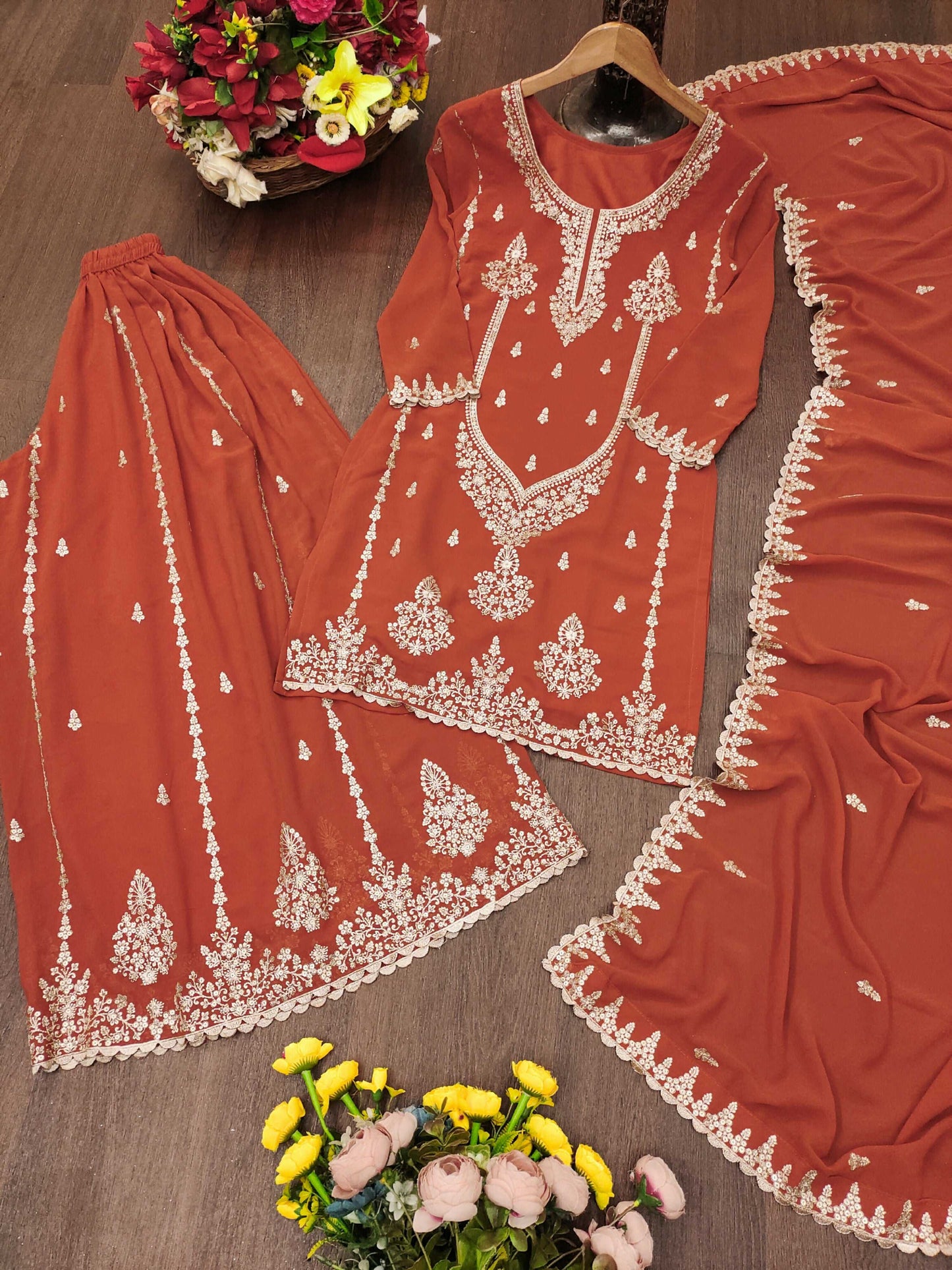 The52 Women's Gorgeous Embroidery Work Fox Georgette Fabric Straight Kurta Sharara and Dupatta Set-Orange