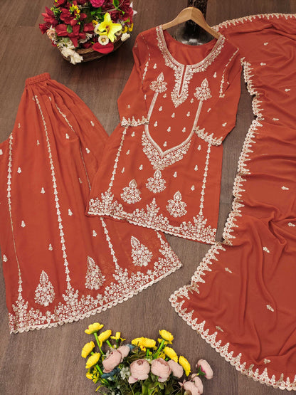 The52 Women's Gorgeous Embroidery Work Fox Georgette Fabric Straight Kurta Sharara and Dupatta Set-Orange