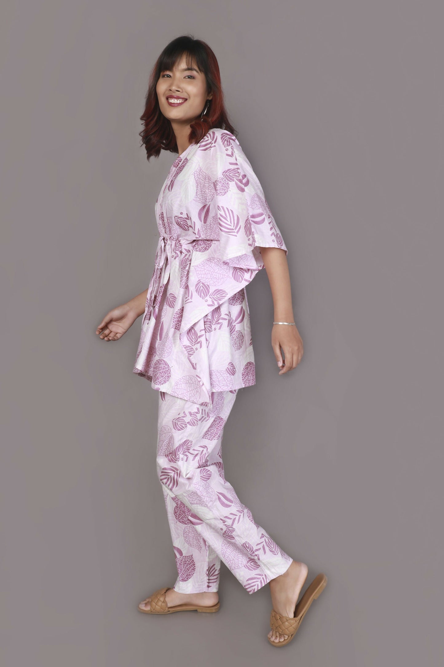 Breathables WomenS Loungewear Kaftan Cotton Pink Nature-Inspired Print Co-Ord Set