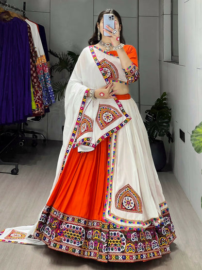 Yash Enterprise Orange White Rayon Cotton Embroidery Semi Stitched Navratri Top Chaniya Choli
