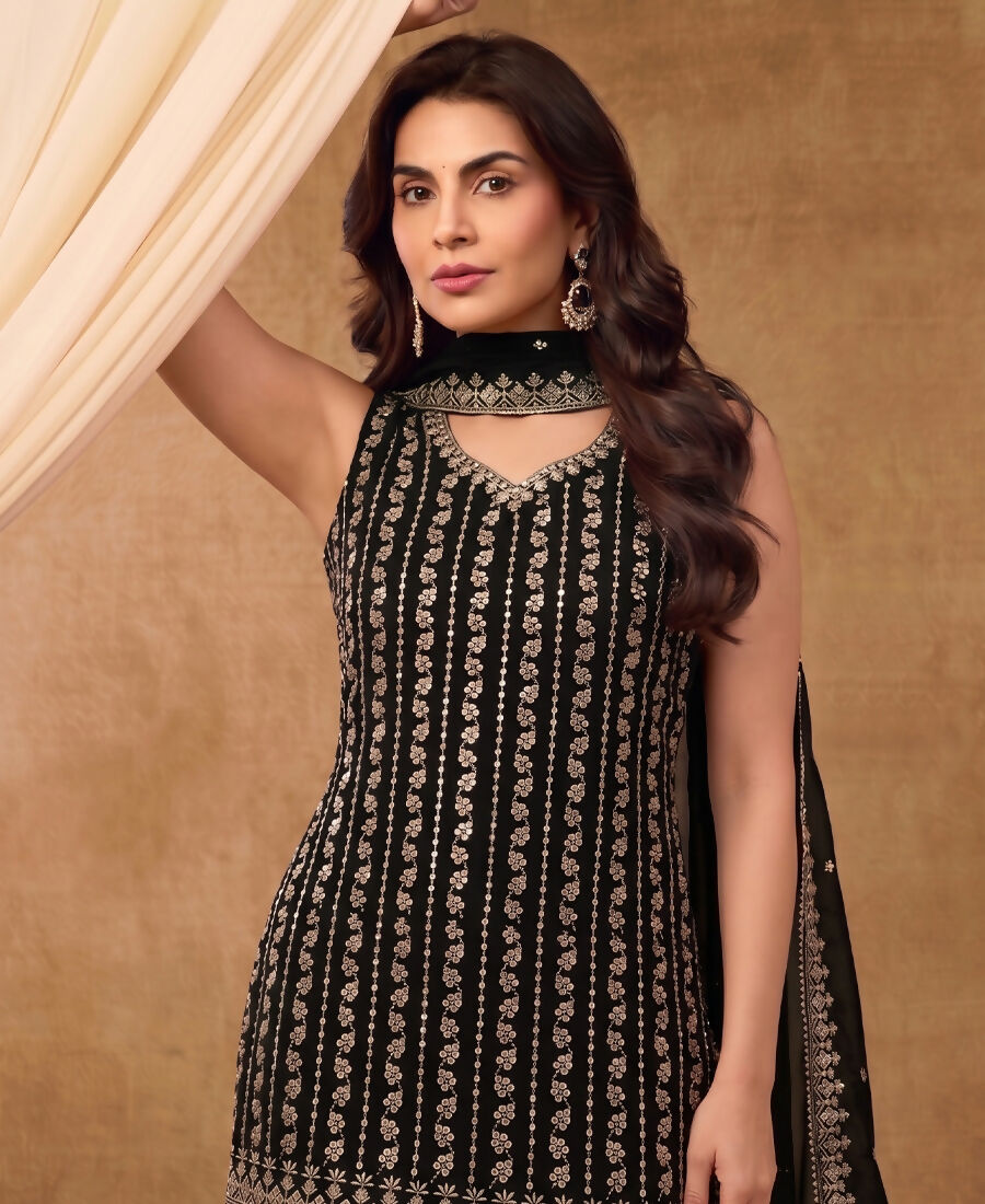 KC Latest Cocktail Wear Black Chinon Sharara Suit For Women