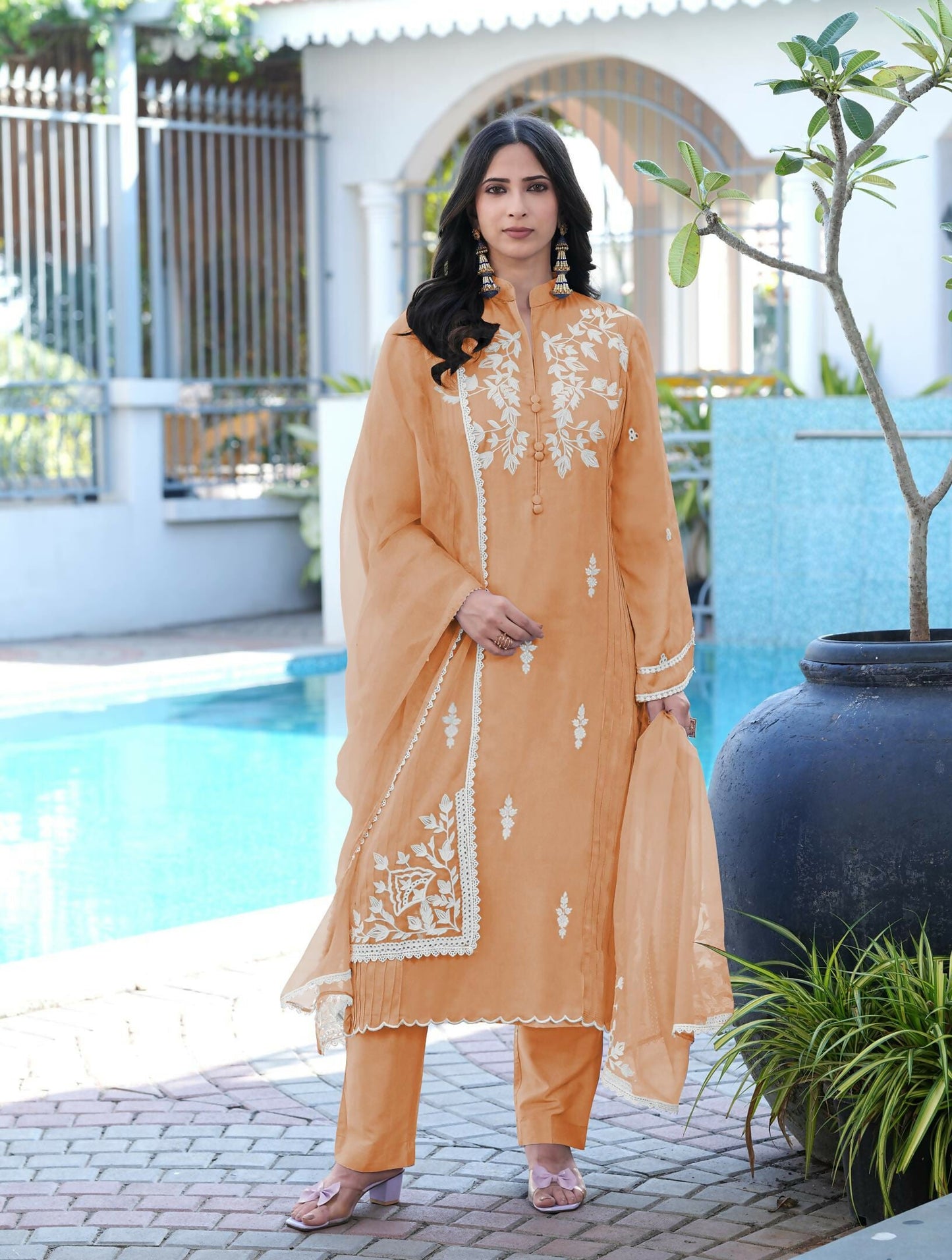 Nikhaar Orange Embroidered Modal Silk Stitched Straight Cut Kurta Pants Dupatta Readymade Suit