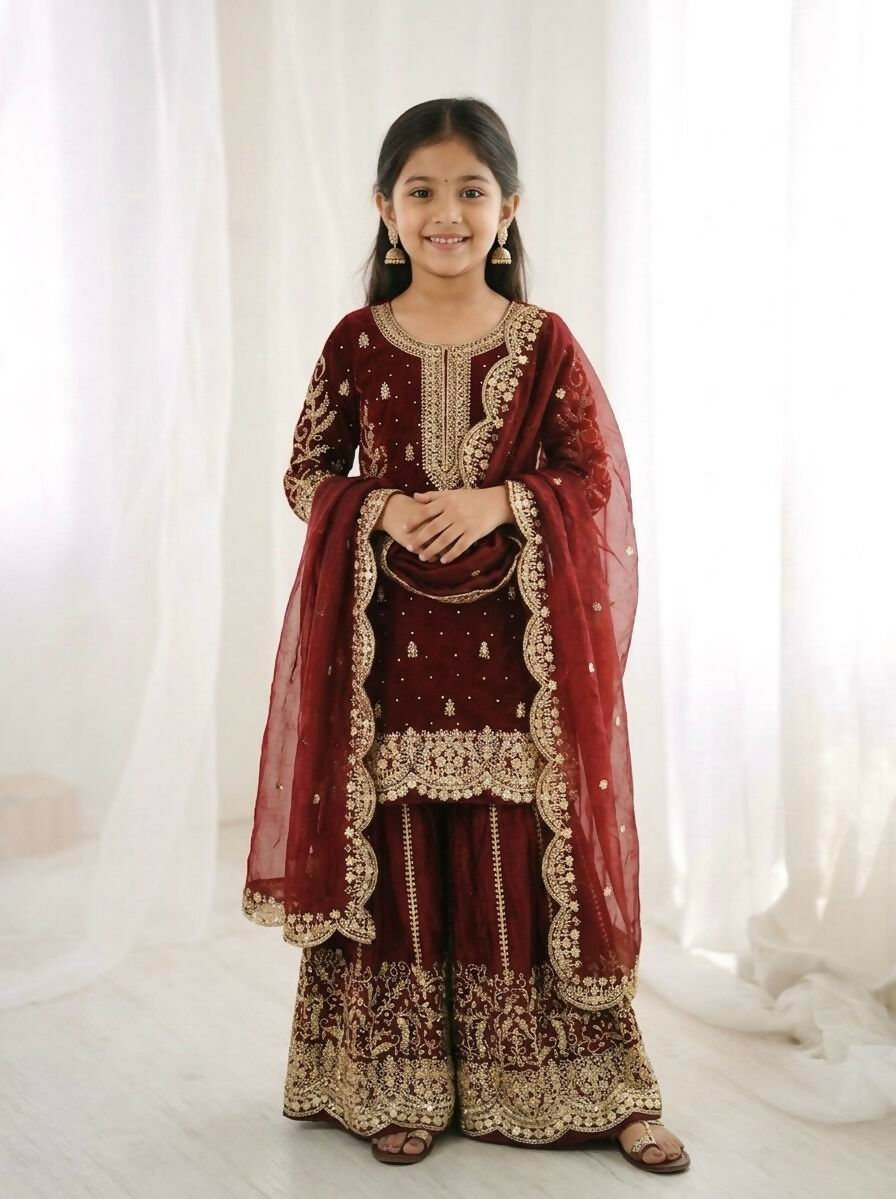 Teeya Creation Girls Heavy Embroidery Maroon Ethnic Kurta And Palazzo Set With Net Dupatta