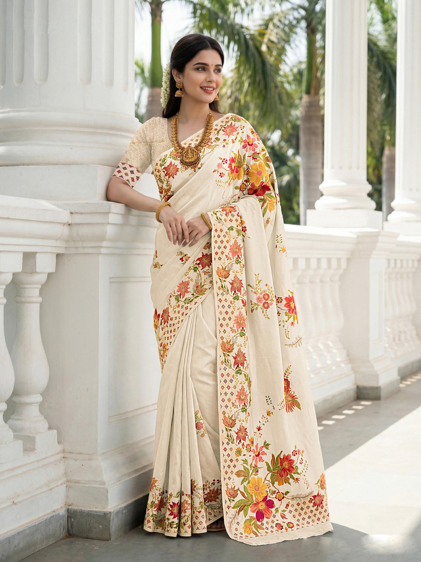 Aastha Fashion Cream Premium Russian Silk Designer Floral Position Print Saree