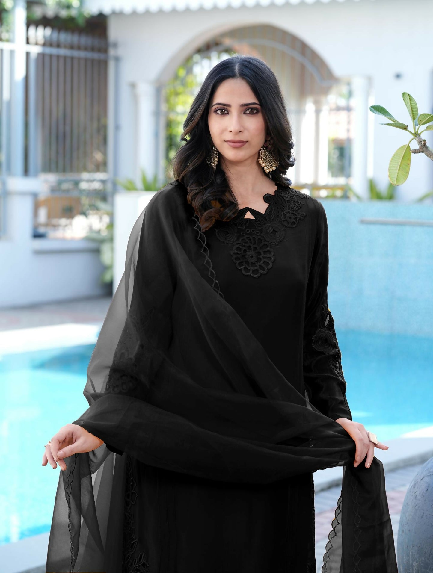 Nikhaar Black Embroidered Art Silk Stitched Straight Cut Kurta Pants Dupatta Readymade Suit