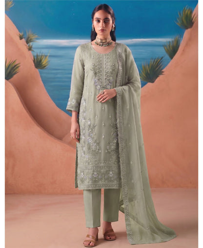 KC Heavy Chiffon Silk Green Hand Embroidered Straight Suit For Women Wedding