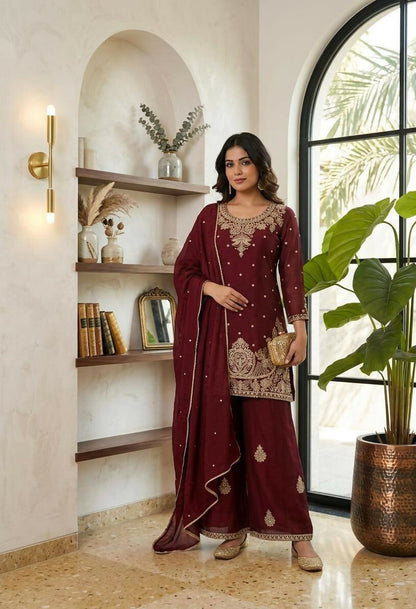 Teeya Creation New Latest Stylish Kurta Palazzo Set - Red
