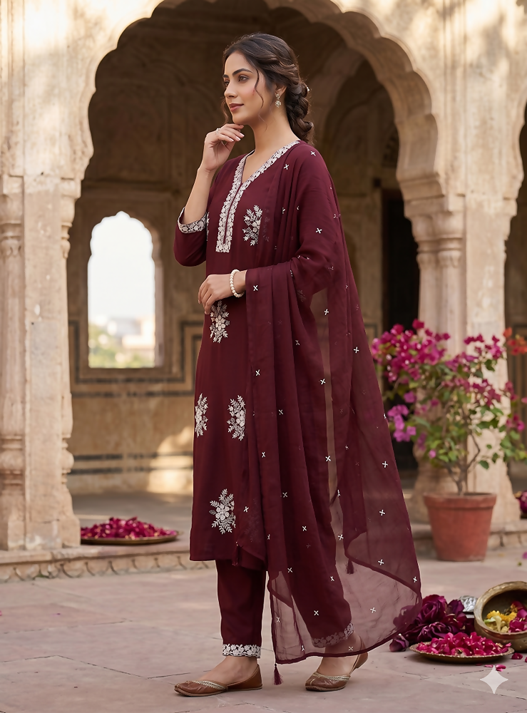 Teeya Creation Vibrant Dark-Maroon Embroidered Kurti with Pant and Dupatta Set
