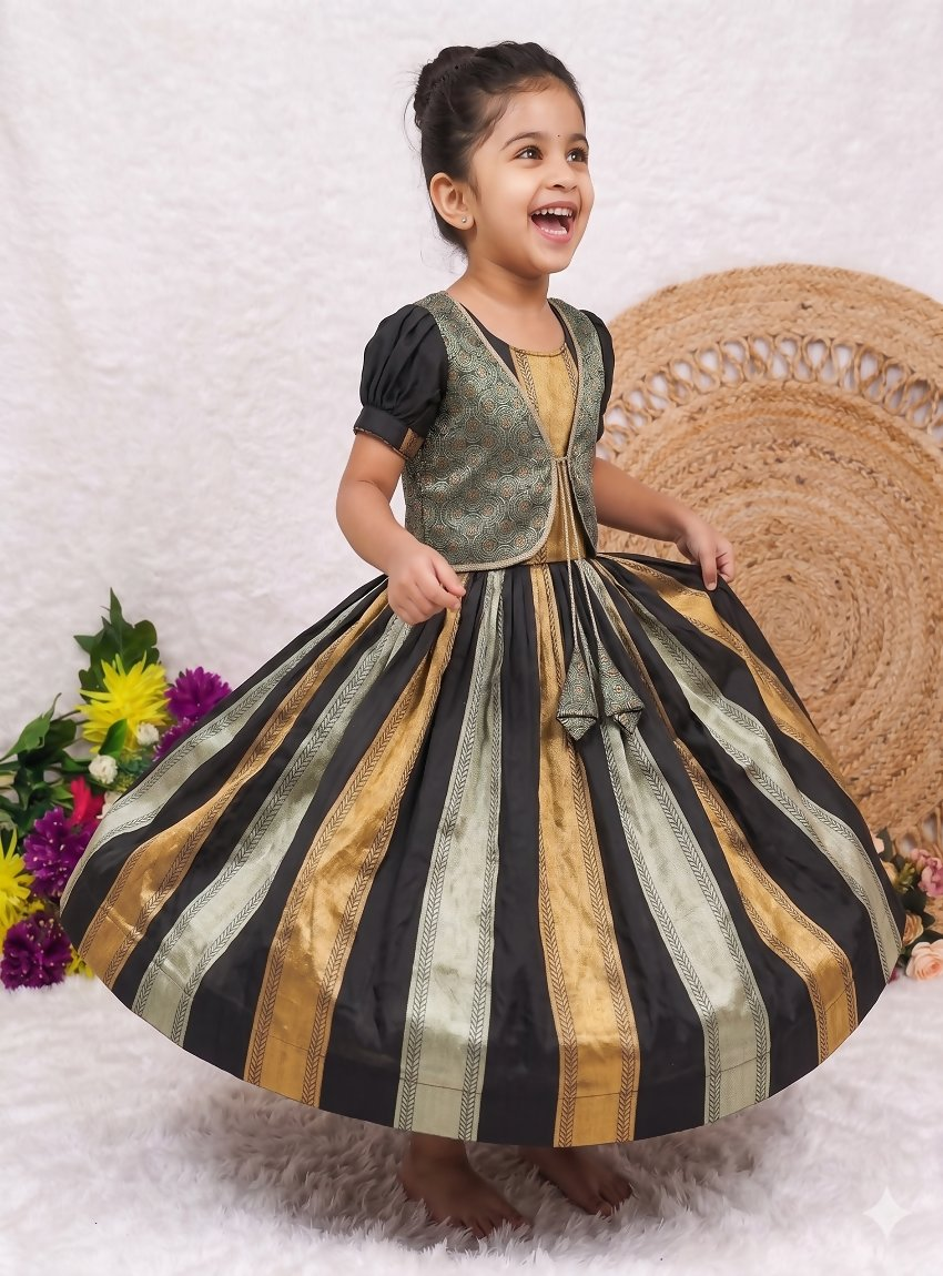 Teeya Creation New Kids Trendy Jet Black Traditional Langa Voni Lehenga Set With Zari Koti Jacket-Black