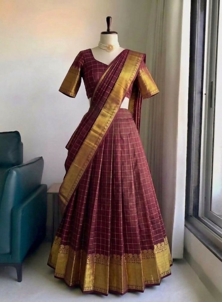Teeya Creation Classic Maroon Checkered Silk Lehenga Choli with Heavy Zari Border