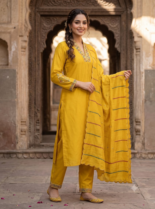 Teeya Creation Mustard Yellow Embroidered Silk Kurta Pant Set With Dupatta