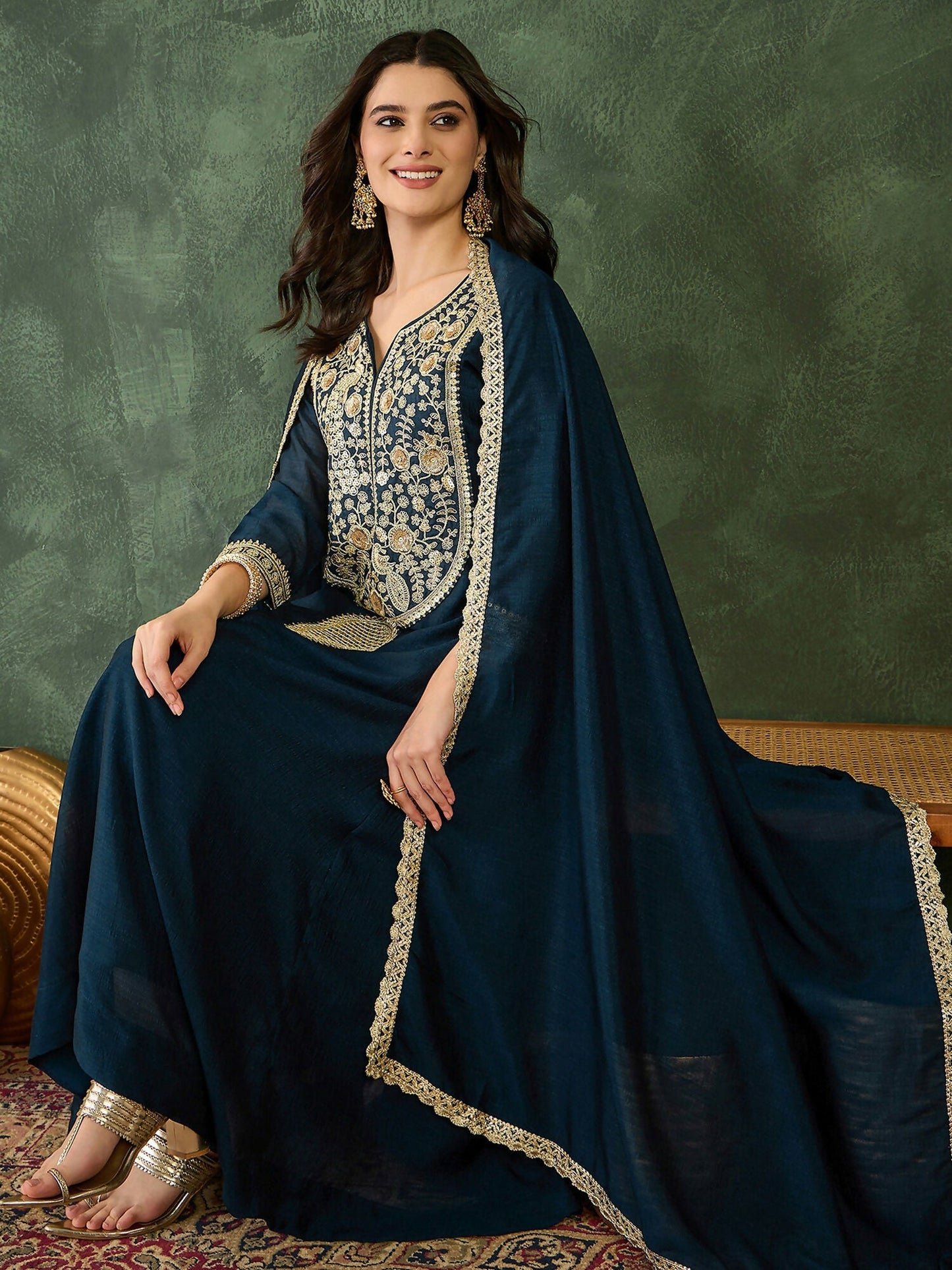 The52 Women's Beautiful Embroidery Work Vichitra Silk Fabric Flared Kurta Pant and Dupatta Set-Petrol