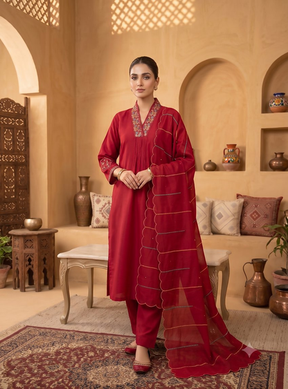 Teeya Creation Rani Pink Embroidered Silk Kurta Pant Set With Dupatta