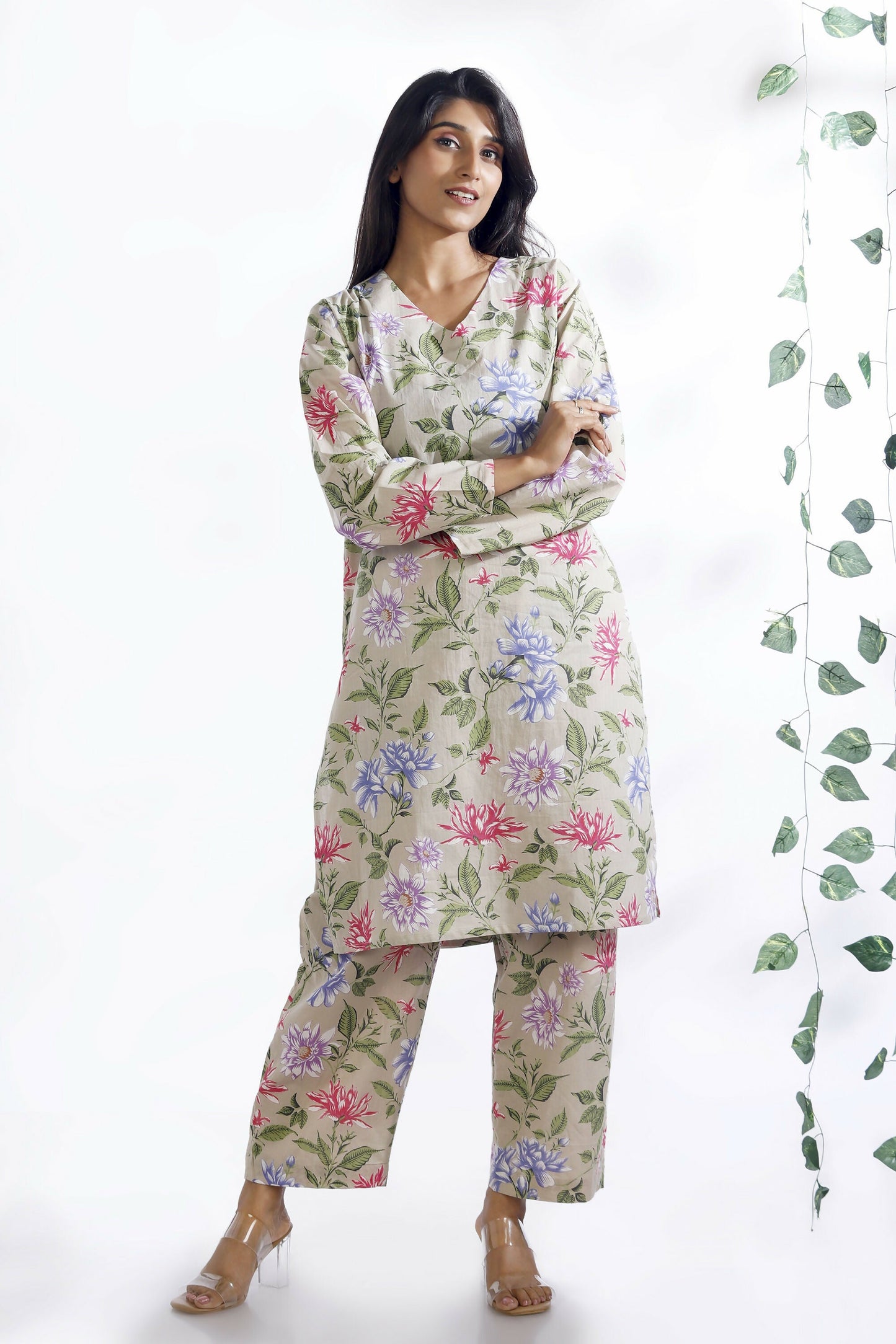 Breathables WomenS Loungewear Long Kurta Co-Ord Set Cotton Cream Floral Print