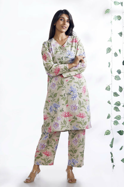 Breathables WomenS Loungewear Long Kurta Co-Ord Set Cotton Cream Floral Print