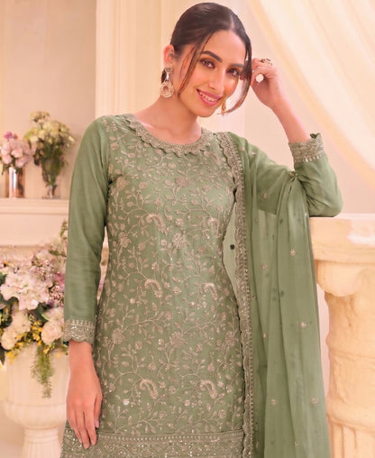 KC Pista Green Vichitra Silk Palazzo Suit For Women Festival Wear