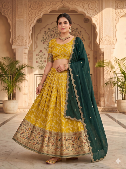 Teeya Creation Traditional Mustard Lehenga Choli Set with Festive Dark Green Embroidered Dupatta