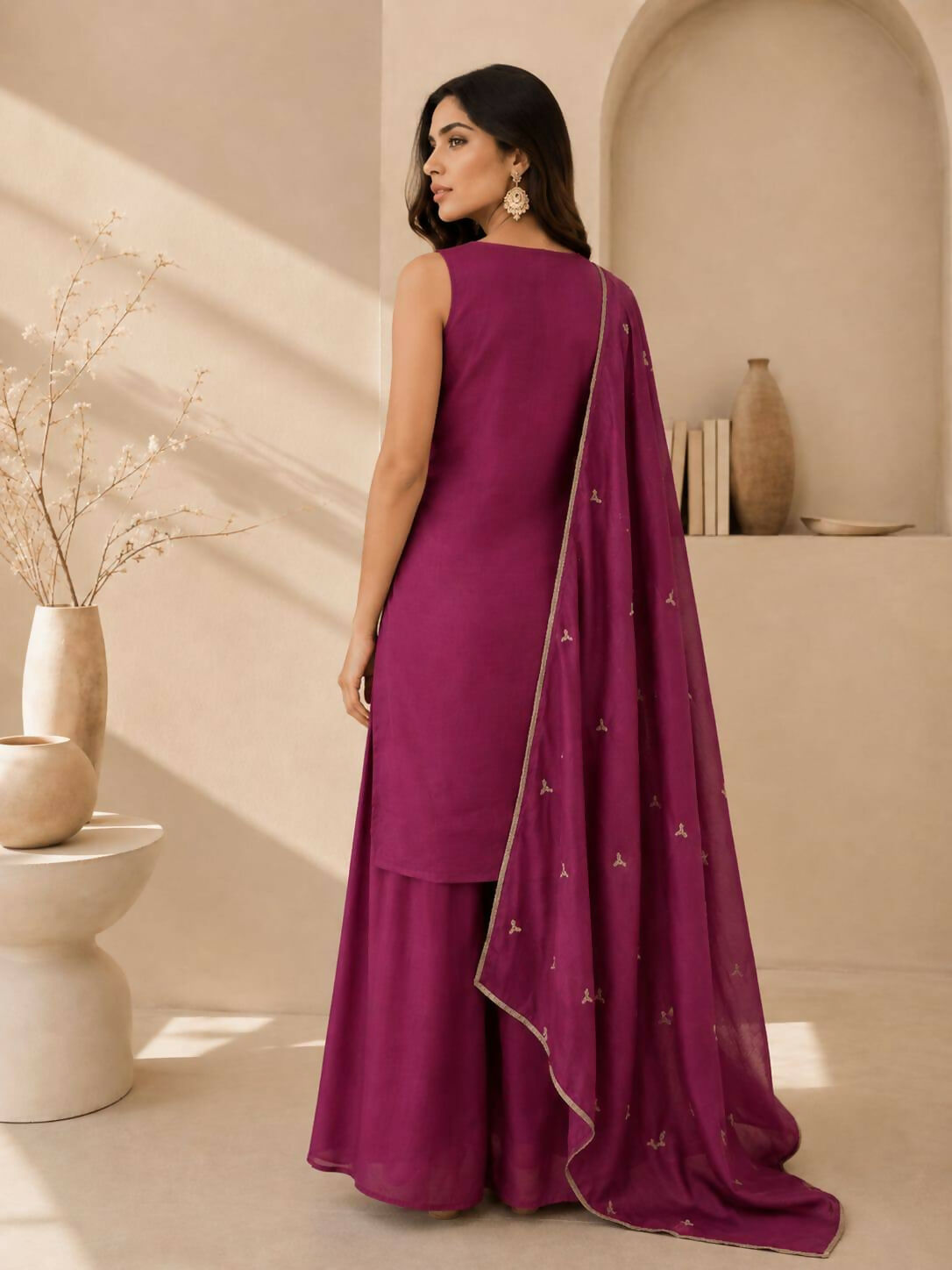 Teeya Creation Wine Embroidered Georgette Straight Kurta With Palazzo And Dupatta Set