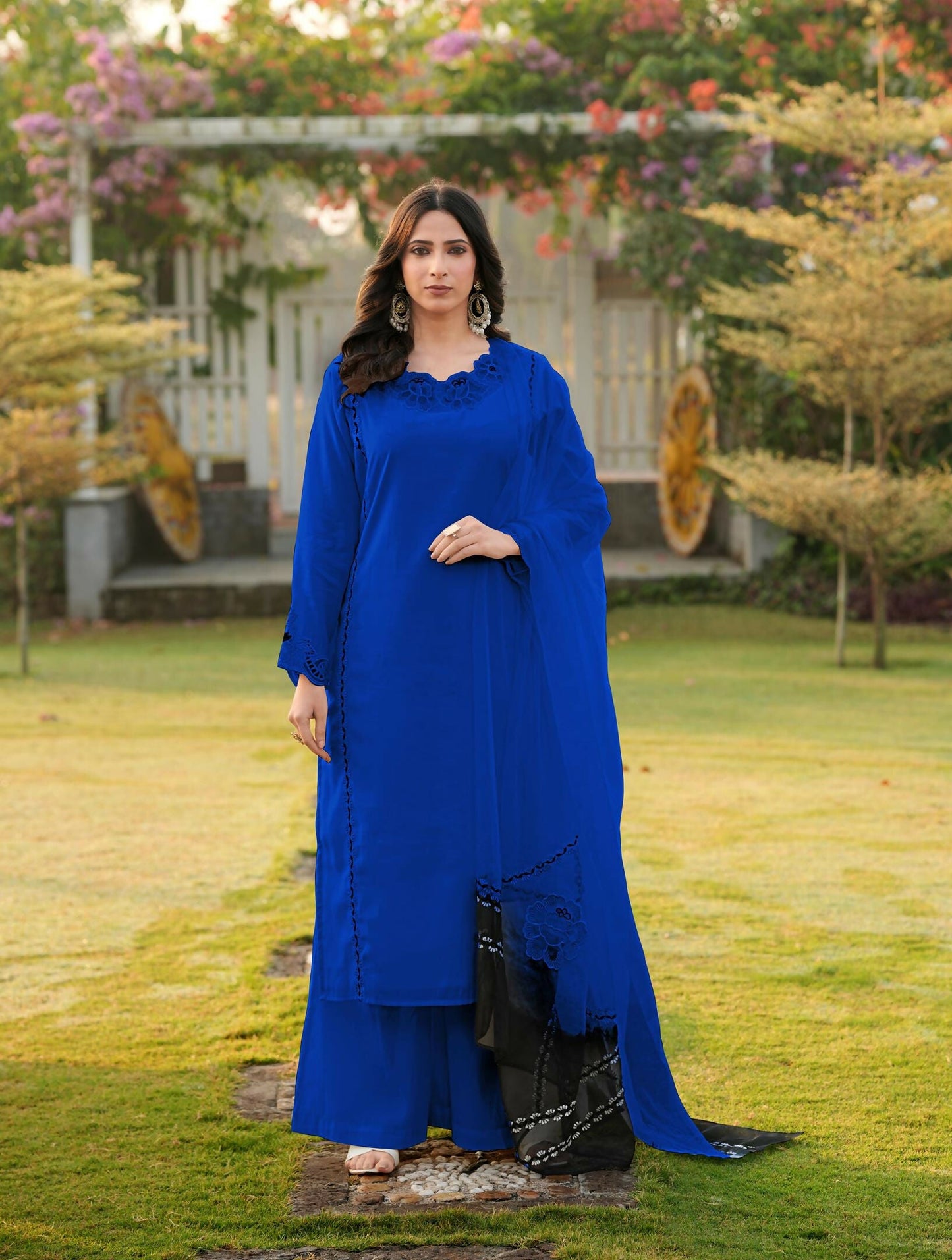 Nikhaar Royal Blue Embroidered Art Silk Stitched Straight Cut Kurta Palazzo Dupatta Readymade Suit