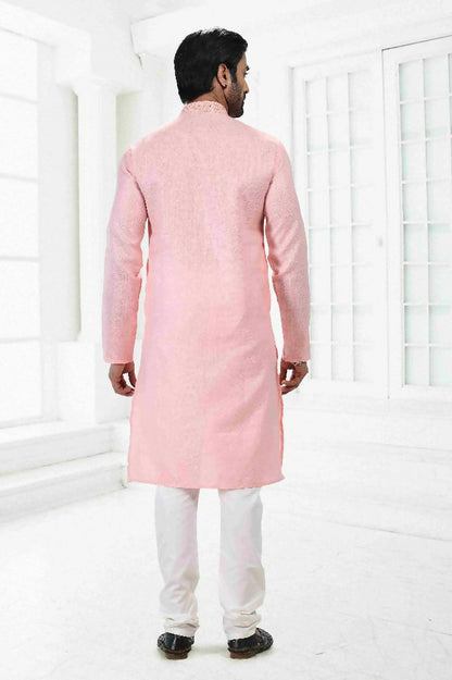 Raivat Ethnic Linen Cotton Thread Work Kurta Pajama In Pink Colour