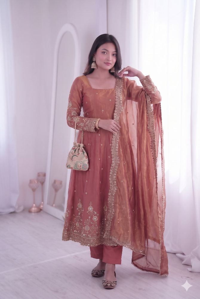 Teeya Creation Womens New Latest Trendy Elegant Peach Embroidered Anarkali Suit Set with Scalloped Dupatta