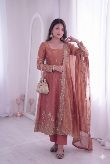 Teeya Creation Womens New Latest Trendy Elegant Peach Embroidered Anarkali Suit Set with Scalloped Dupatta