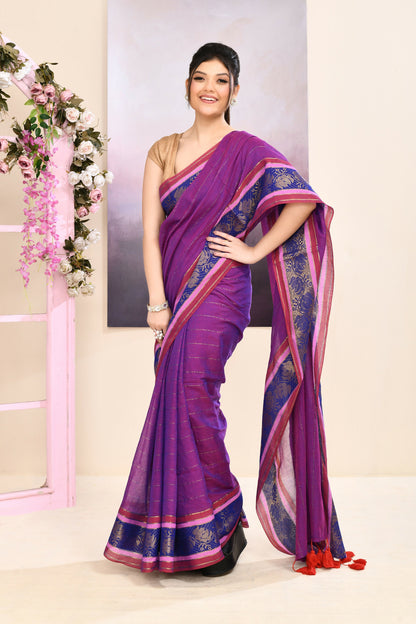 Piyari Fashion Women's Purple Embellished Zari Border Cotton Saree