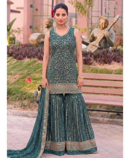 KC Teal Bandhani Printed Heavy Emrboidery Worked Sharara Suit Ethnic Wear