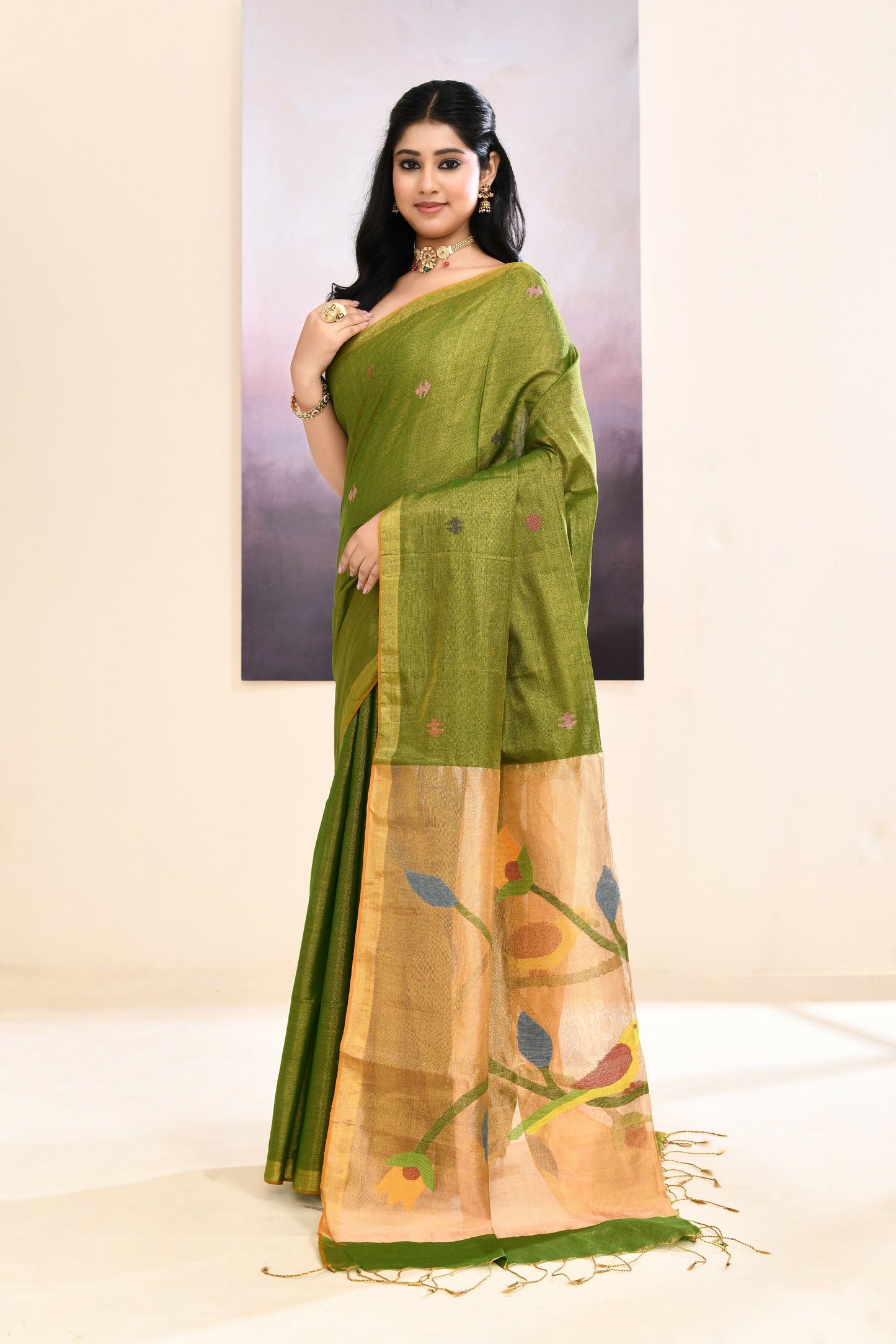 Piyari Fashion Women's Olive Embellished Tissue Jamdani Saree