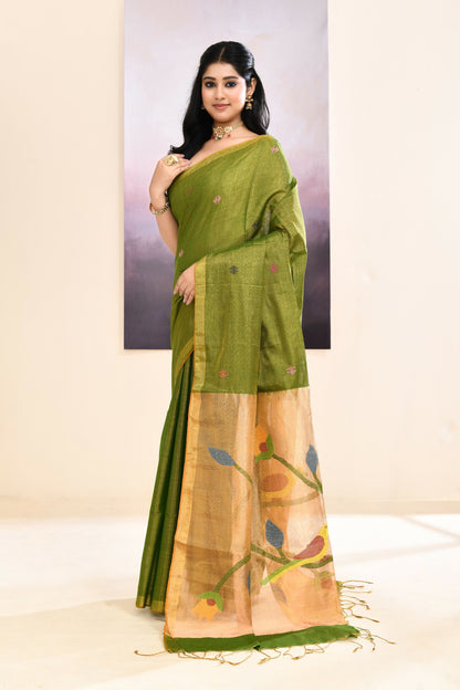 Piyari Fashion Women's Olive Embellished Tissue Jamdani Saree