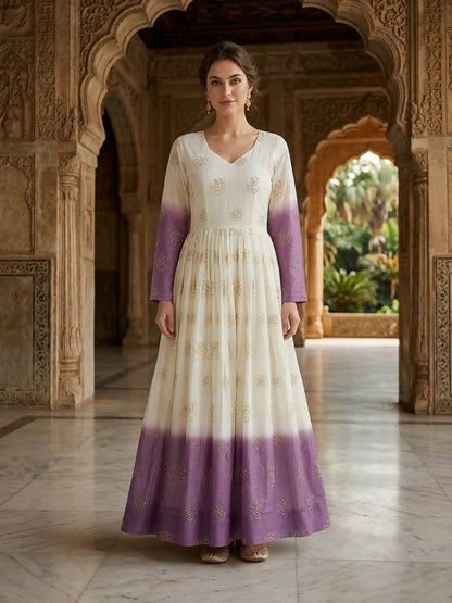 Teeya Creation Lavendar and White Gradient Anarkali Gown with Gold Floral Motifs