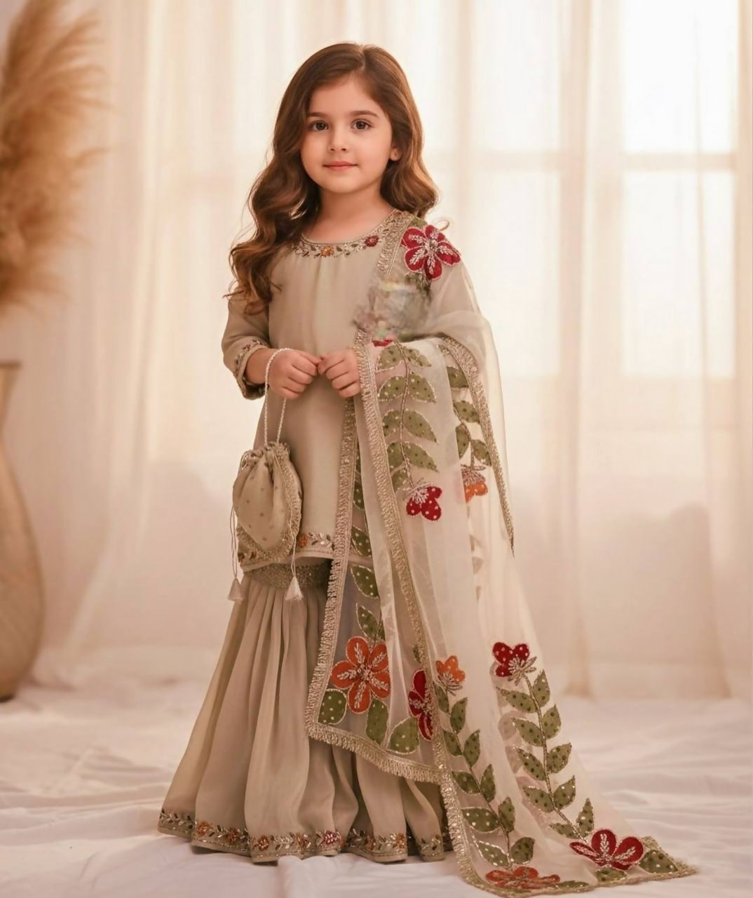 Teeya Creation New Kids Wedding Wear Heavy Embroidery Sequence Work Kurta Sharara Set-Beige