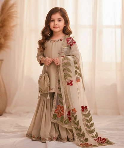 Teeya Creation New Kids Wedding Wear Heavy Embroidery Sequence Work Kurta Sharara Set-Beige