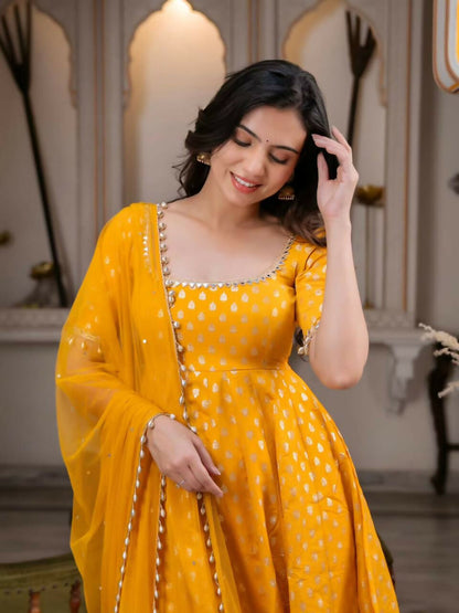 Teeya Creation Mustard Yellow Anarkali Gown With Foil Print Work - Festive Ethnic Wear Set