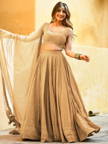 Tulsi Art Fabulous Beige Sequins Georgette Festival Wear Lehenga Choli