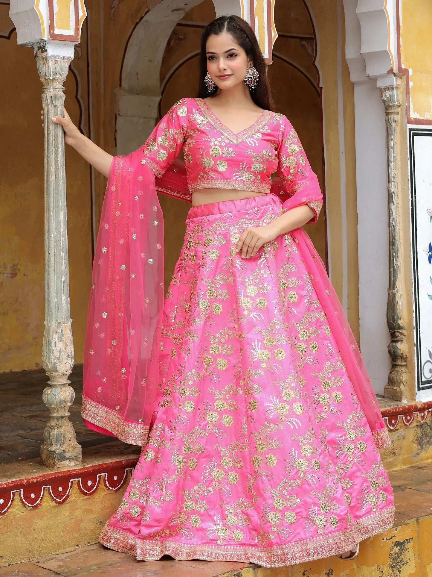 Tulsi Art Fabulous Pink Embroidery Silk Engagement Wedding Wear Lehenga Choli