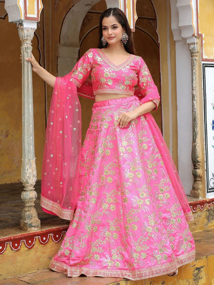 Tulsi Art Fabulous Pink Embroidery Silk Engagement Wedding Wear Lehenga Choli