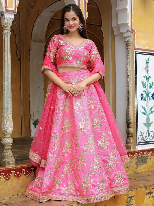 Tulsi Art Fabulous Pink Embroidery Silk Engagement Wedding Wear Lehenga Choli