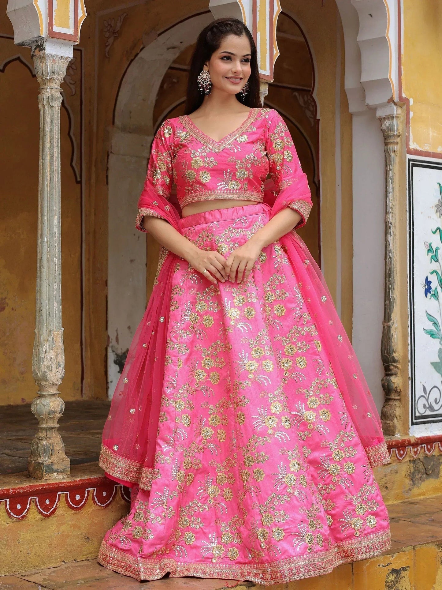 Tulsi Art Fabulous Pink Embroidery Silk Engagement Wedding Wear Lehenga Choli