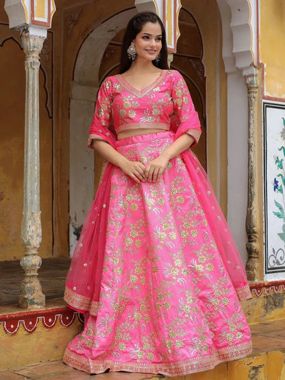 Tulsi Art Fabulous Pink Embroidery Silk Engagement Wedding Wear Lehenga Choli