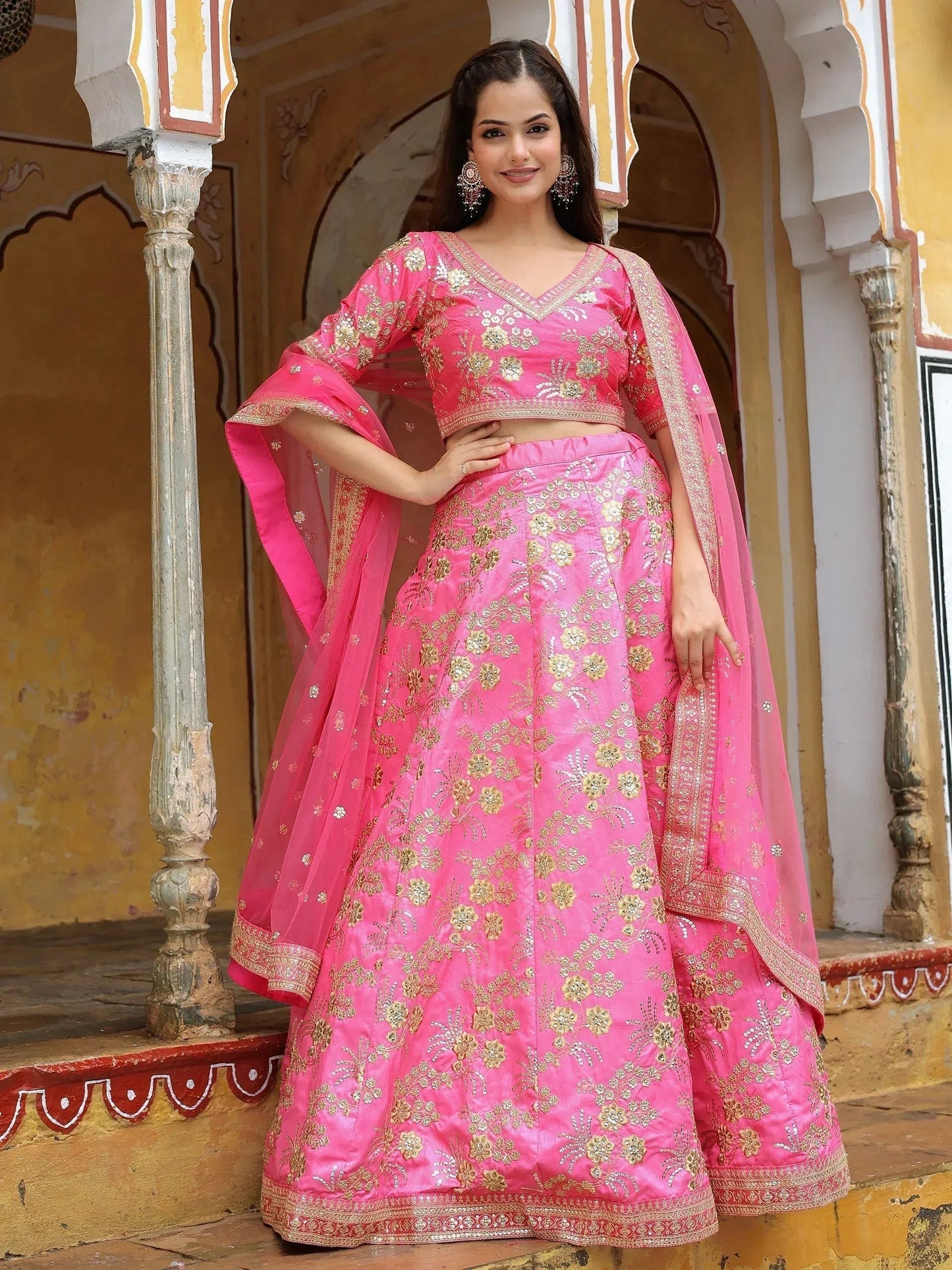 Tulsi Art Fabulous Pink Embroidery Silk Engagement Wedding Wear Lehenga Choli