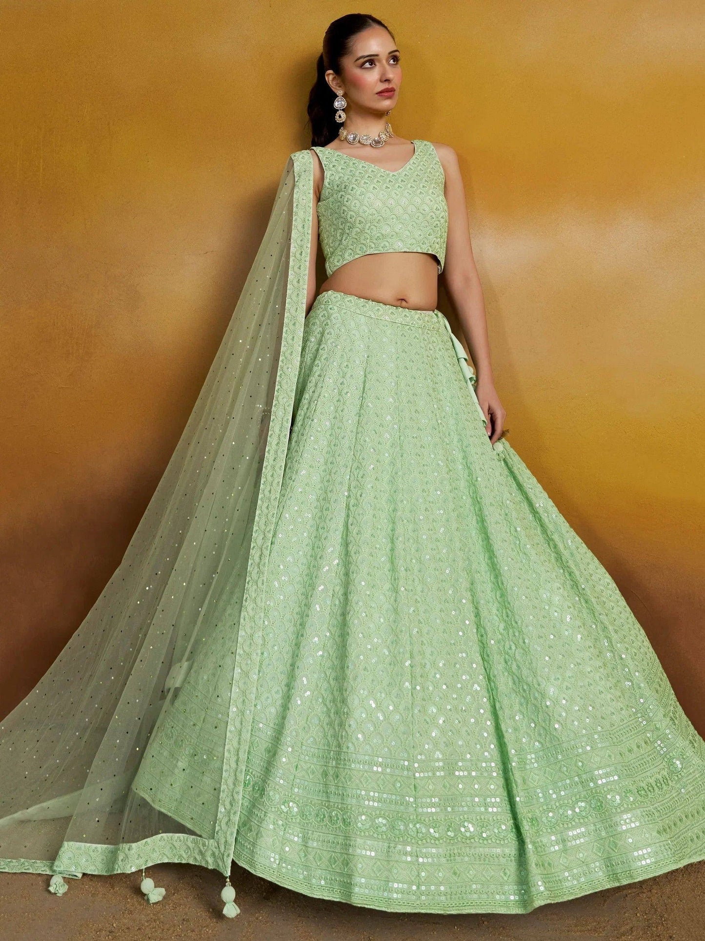 Tulsi Art Fantastic Mint Green Thread Embroidered Georgette Designer Lehenga Choli