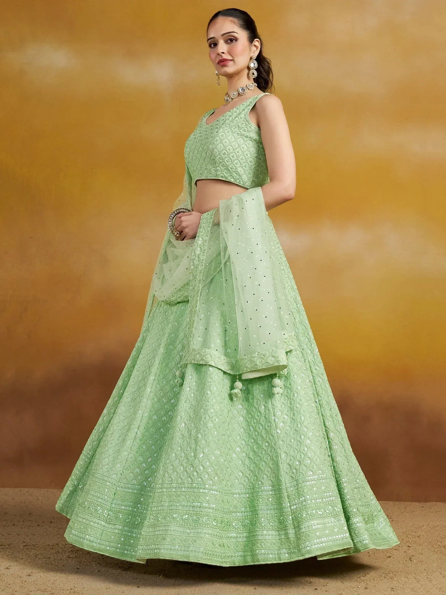 Tulsi Art Fantastic Mint Green Thread Embroidered Georgette Designer Lehenga Choli