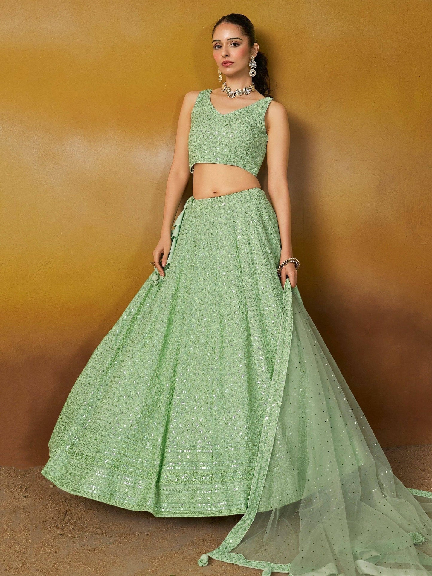 Tulsi Art Fantastic Mint Green Thread Embroidered Georgette Designer Lehenga Choli