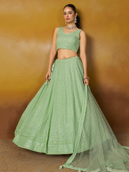 Tulsi Art Fantastic Mint Green Thread Embroidered Georgette Designer Lehenga Choli