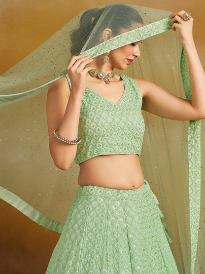 Tulsi Art Fantastic Mint Green Thread Embroidered Georgette Designer Lehenga Choli