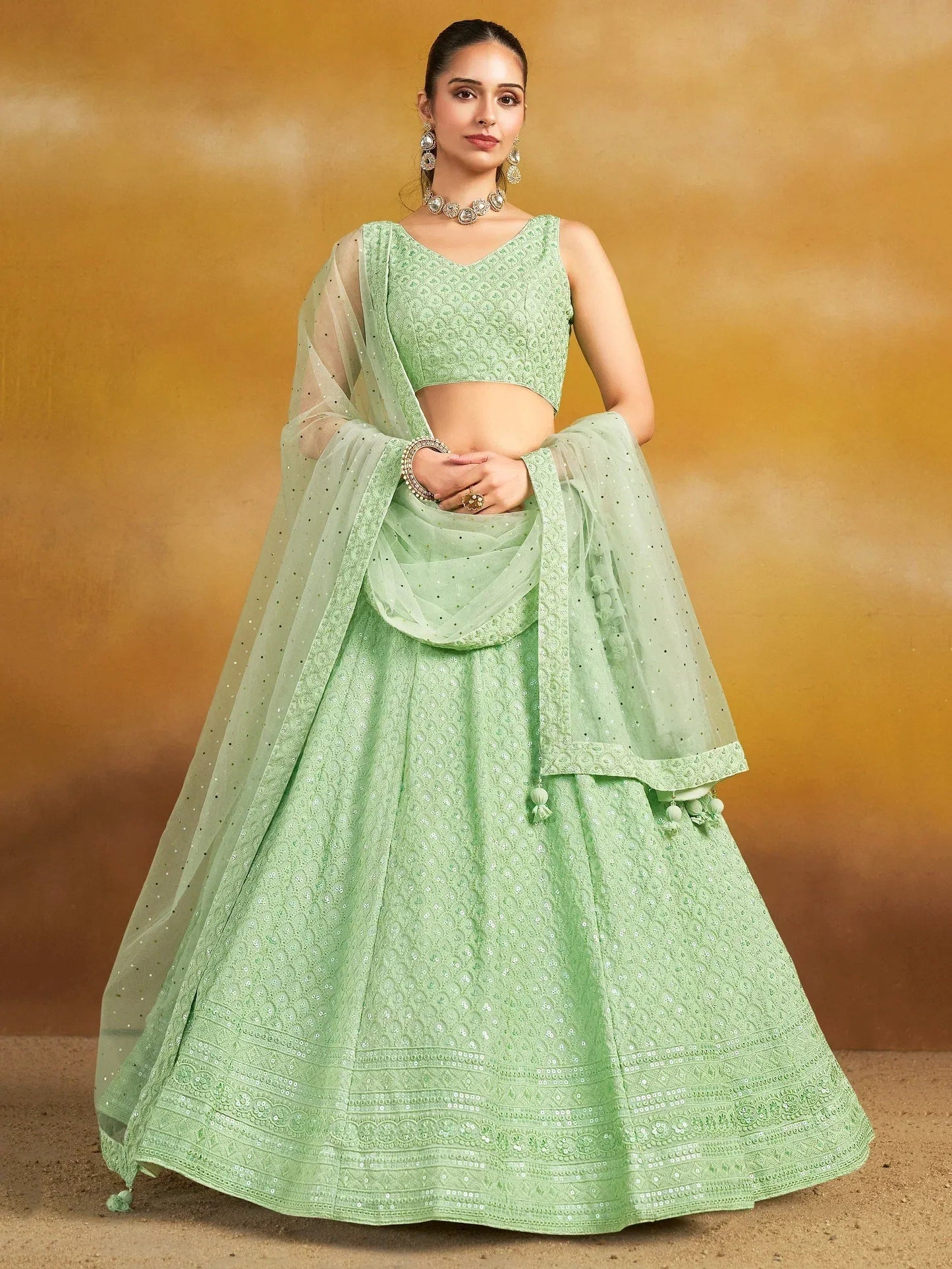 Tulsi Art Fantastic Mint Green Thread Embroidered Georgette Designer Lehenga Choli